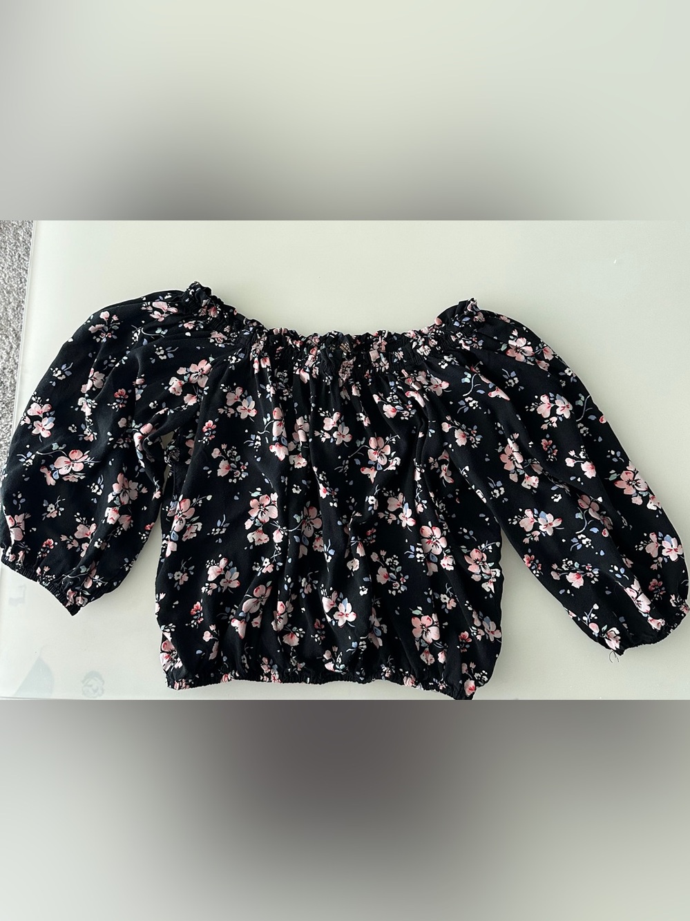 Forever 21 Black Off-Shoulder Floral Blouse with Pink Blossoms